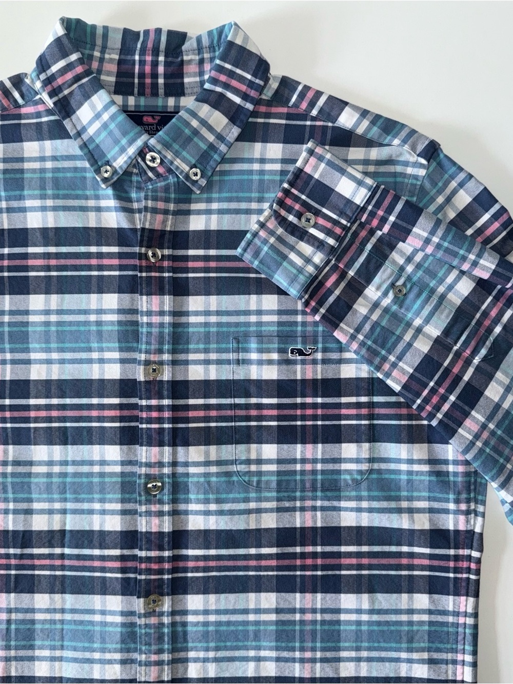 Vineyard Vines Tucker Button Down Shirt Men's M Blue Pink Plaid Whale Slim Fit